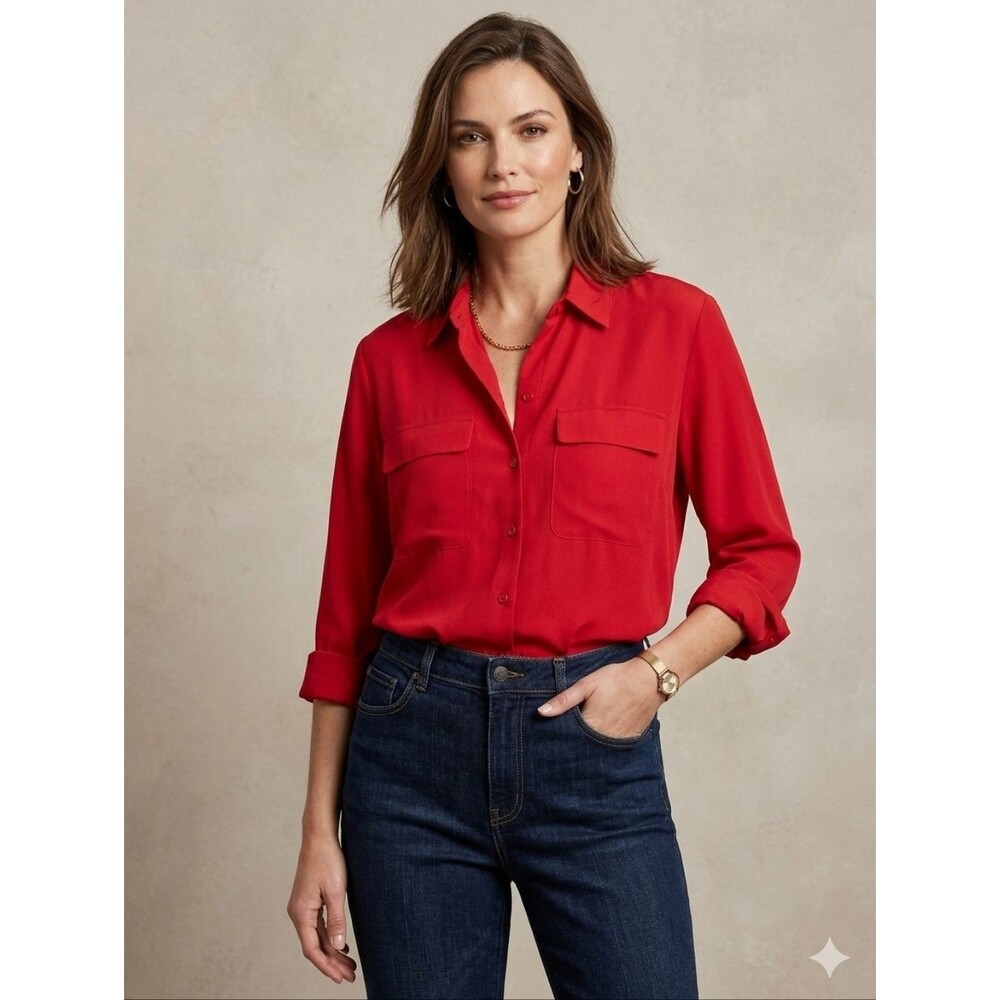 Rafaella Bright Red Silk Button-Front Blouse Size 4